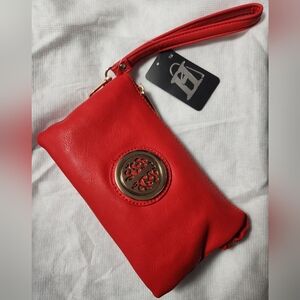 H, RED PURSE, DECOR ON FRONT, CROSSBODY/SHOULDER OR WRISTLET STYLE BAG